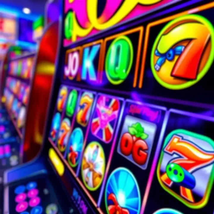 Vibrant Online Slot Machine Interface with Spinning Reels Colorful online slot machine interface displaying vibrant symbols and spinning reels