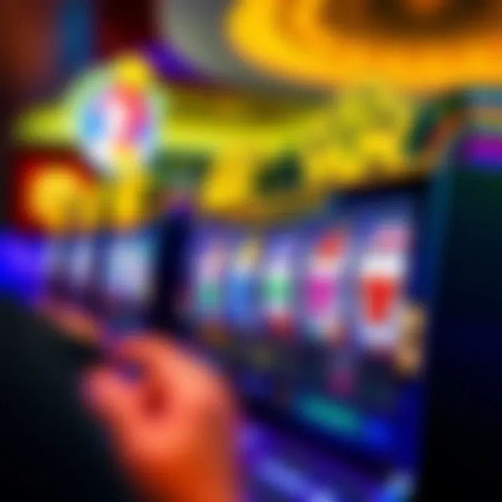 Colorful online pokies game screen with various symbols and spinning reels