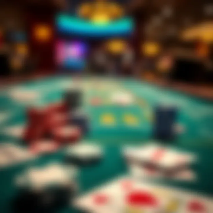 A casino table with various gambling chips and cards representing strategic gameplay