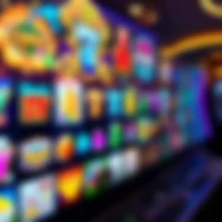 Colorful online pokies interface showing various game themes and symbols on a digital screen