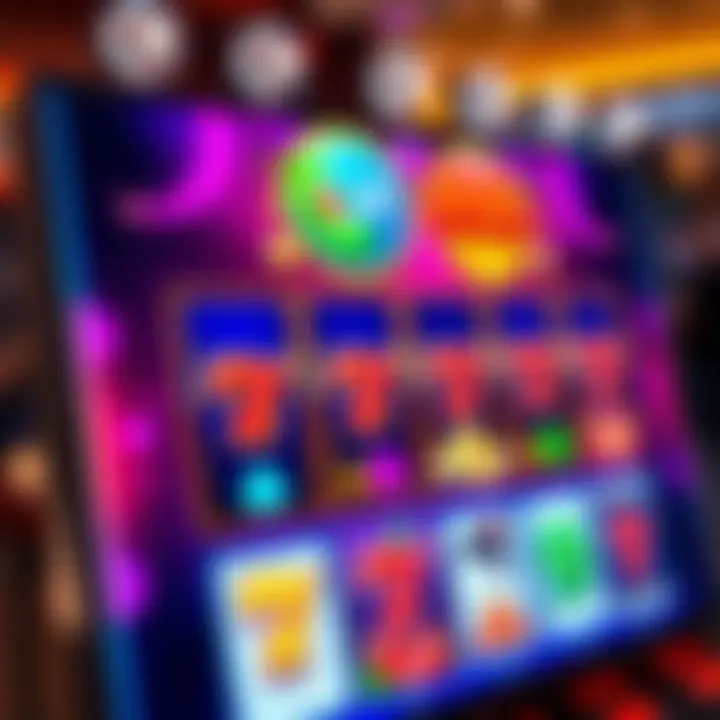 Colorful online pokie game interface with vibrant symbols and reels on a digital screen