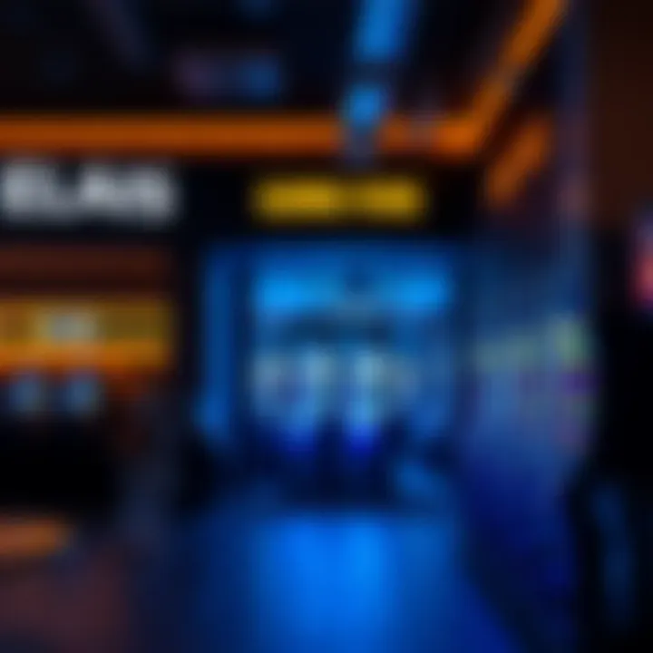 Exterior of a modern gaming venue featuring multiple pokies machines inside with ambient lighting