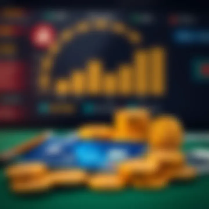 Credit card, digital wallet icons, and currency symbols representing payment methods for online gambling