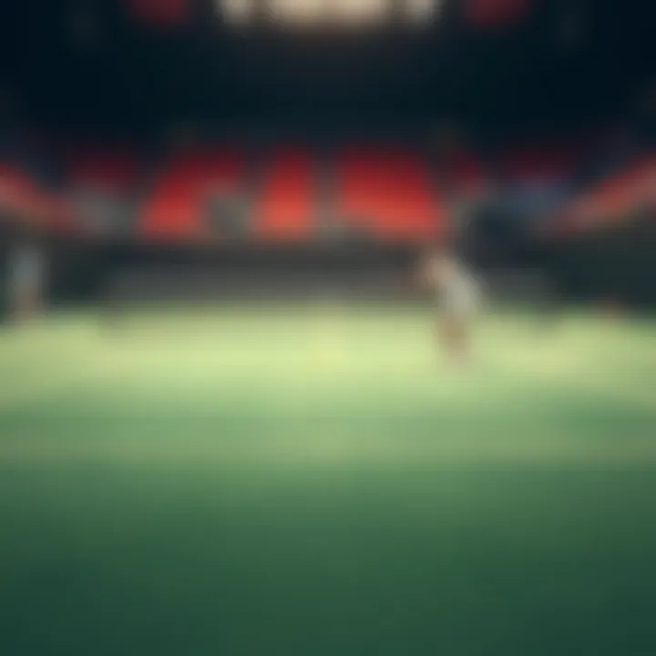 Tennis court with a player strategically positioning for a return during a match