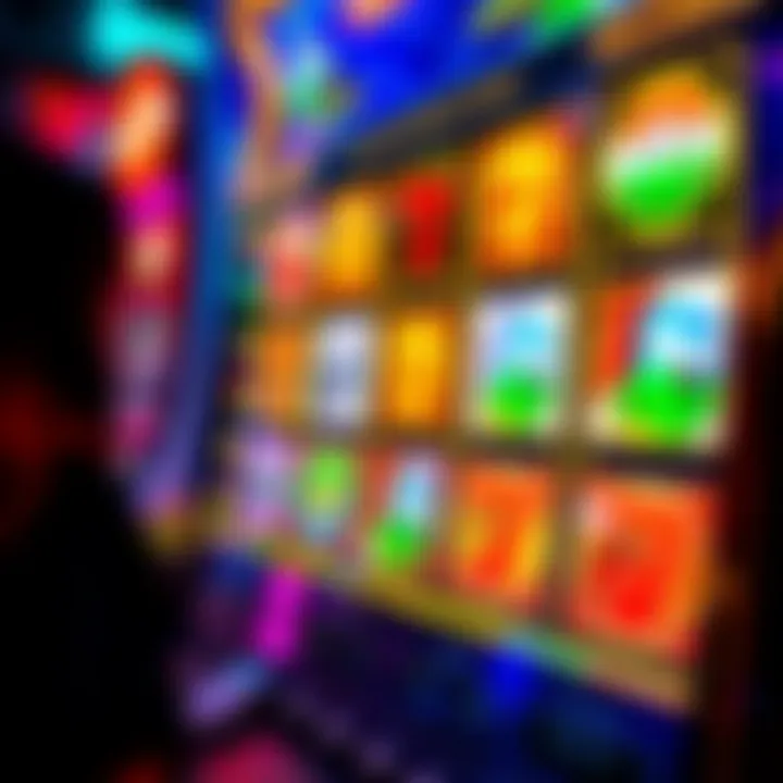 Colorful digital slot machine interface with various themed symbols and reels spinning