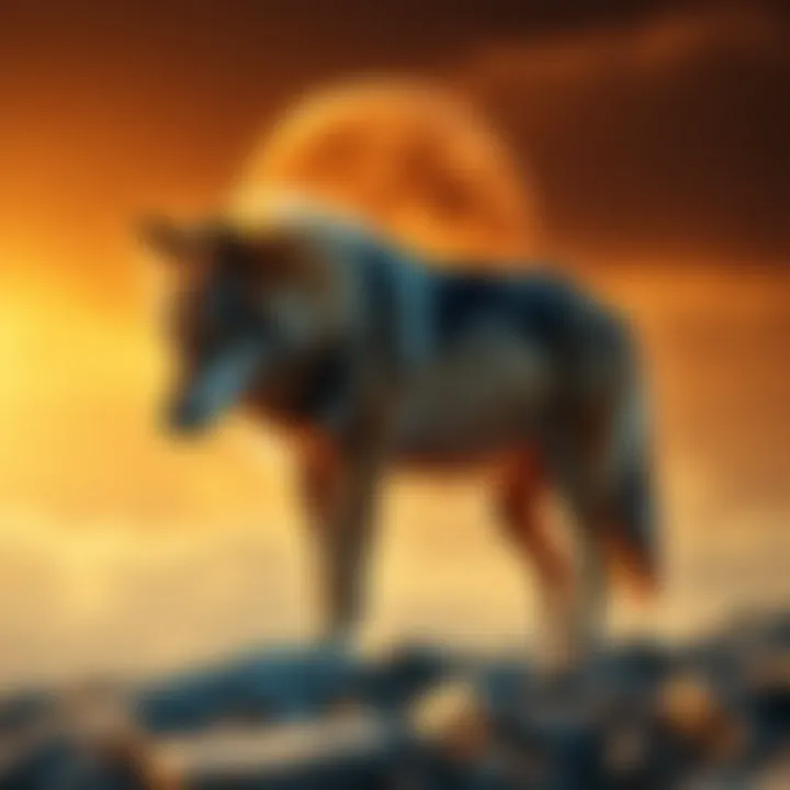 Majestic wolf standing on a rocky terrain under a golden sky symbolizing strength and ambition