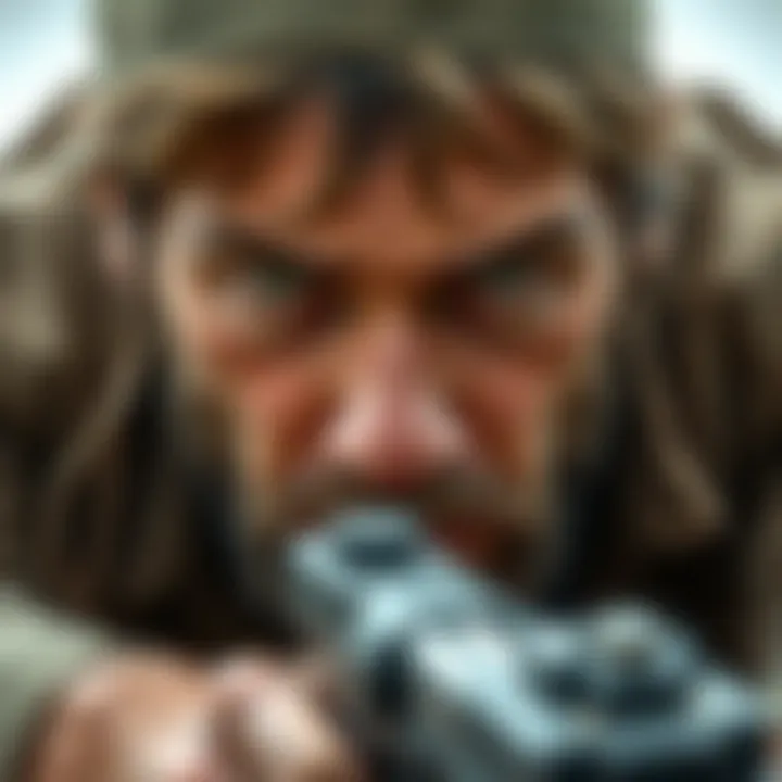 Close-up of a key character's intense expression revealing inner conflict and resilience