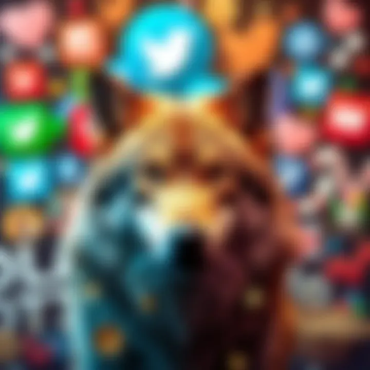 Collage of social media icons intertwined with storytelling elements and symbolic wolves