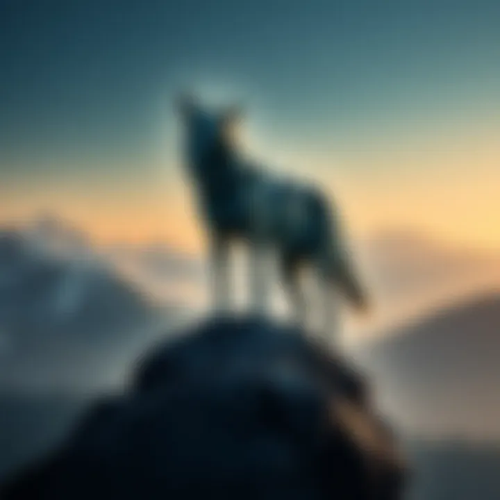 Artistic representation of a wolf standing triumphantly on a mountain peak under a starry sky