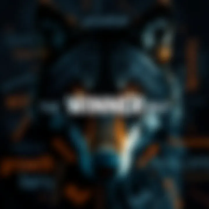 Abstract representation of a wolf with glowing eyes surrounded by motivational keywords representing personal growth and resilience