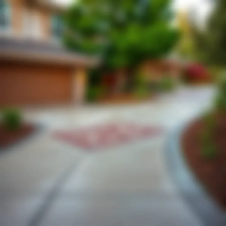 Modern driveway featuring a textured concrete surface with decorative patterns and landscaped borders