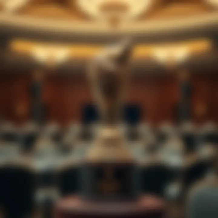 Elegant golden Wolf Prize trophy displayed on a wooden pedestal with a blurred background of a conference hall