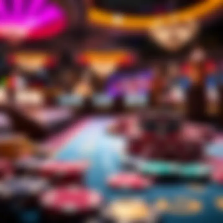 Bright casino tokens and chips arranged on a vibrant gaming table under colorful lights