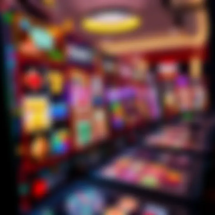 Colorful digital slot machine reels with various symbols representing casino games