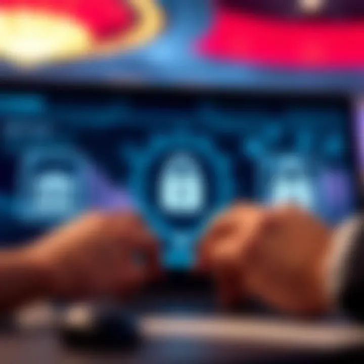 Secure online transaction with digital icons representing banking and encryption