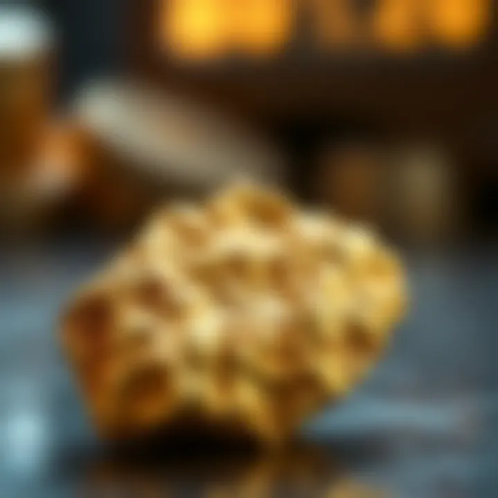 Close-up view of a gold nugget with a distinctive yellow hue and textured surface