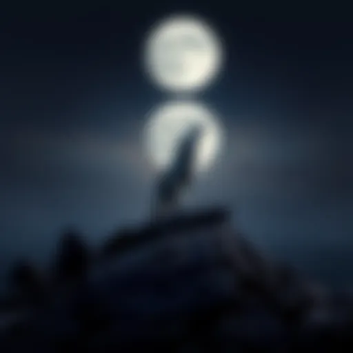 A lone wolf standing atop a rocky hill under a full moon, symbolizing strength and leadership