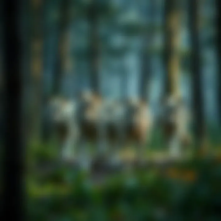 Illustration of a wolf pack moving together through a forest, highlighting teamwork and survival