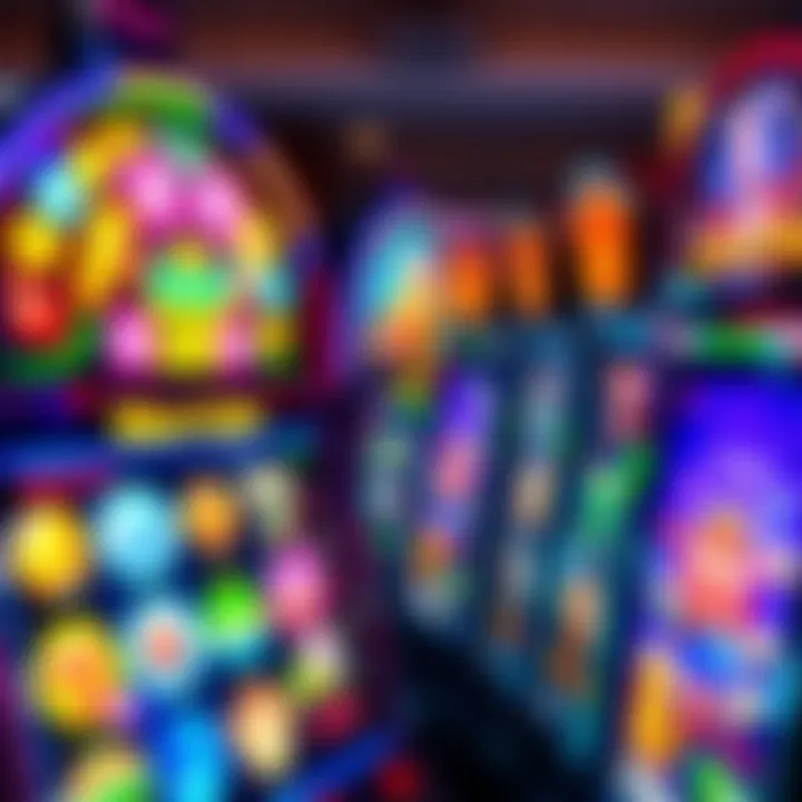 Colorful slot machine reels displaying a variety of symbols and lights