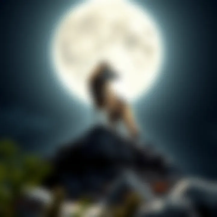 Illustration showing a powerful wolf standing on a rocky hill with a full moon in the background symbolizing strength and leadership