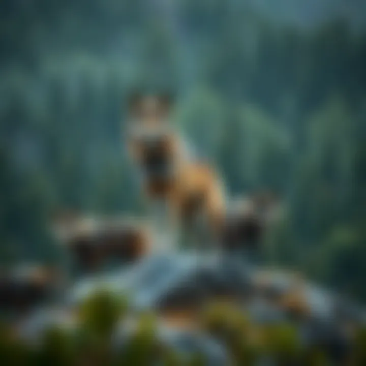Alpha wolf standing alert on a rocky outcrop overlooking its pack in a forested area