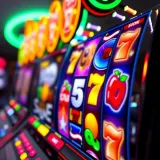 Close-up of colorful online slot machine reels with various symbols spinning