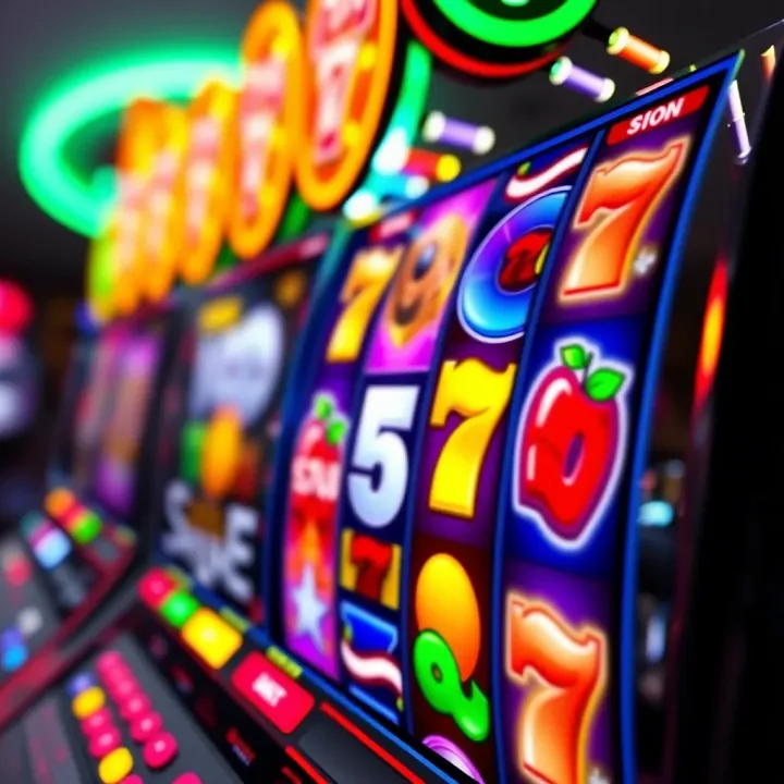 Vibrant Online Slot Machine Reels in Action Close-up of colorful online slot machine reels with various symbols spinning