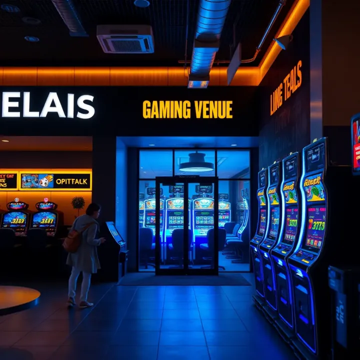 Exterior of a modern gaming venue featuring multiple pokies machines inside with ambient lighting