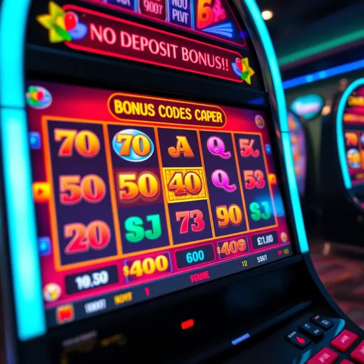 Colorful digital slot machine interface with bonus code symbols on screen