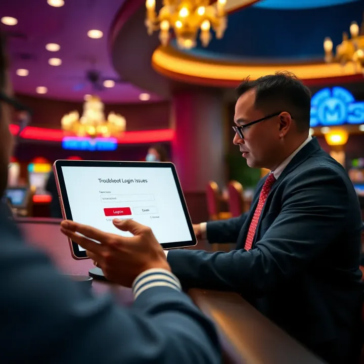 User troubleshooting login issues on a digital device with casino-themed background
