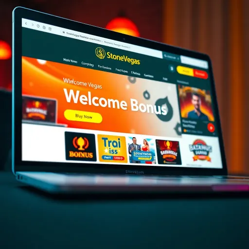 StoneVegas Casino Welcome Bonus Offer on Laptop Screen Close-up of a laptop displaying the StoneVegas Casino welcome bonus offer page