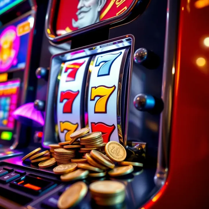 Slot machine displaying a winning combination with coins spilling out