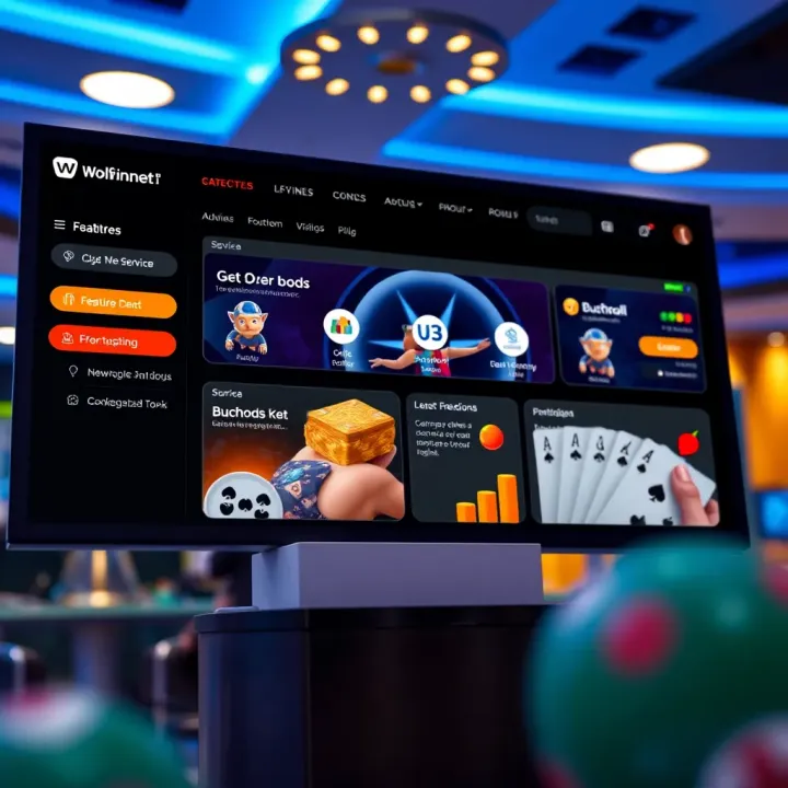 Interface showcasing Wolfwinner Net's main dashboard with various service options and user engagement features