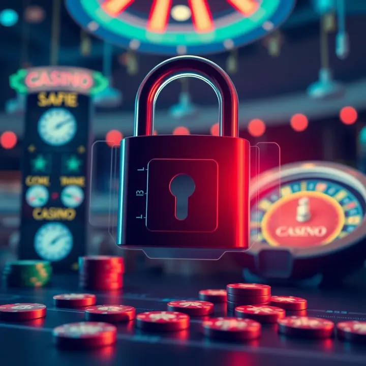 Safe and secure online gambling concept with digital lock and casino icons