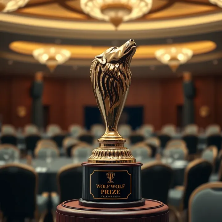 The Prestigious Wolf Prize Trophy Elegant golden Wolf Prize trophy displayed on a wooden pedestal with a blurred background of a conference hall