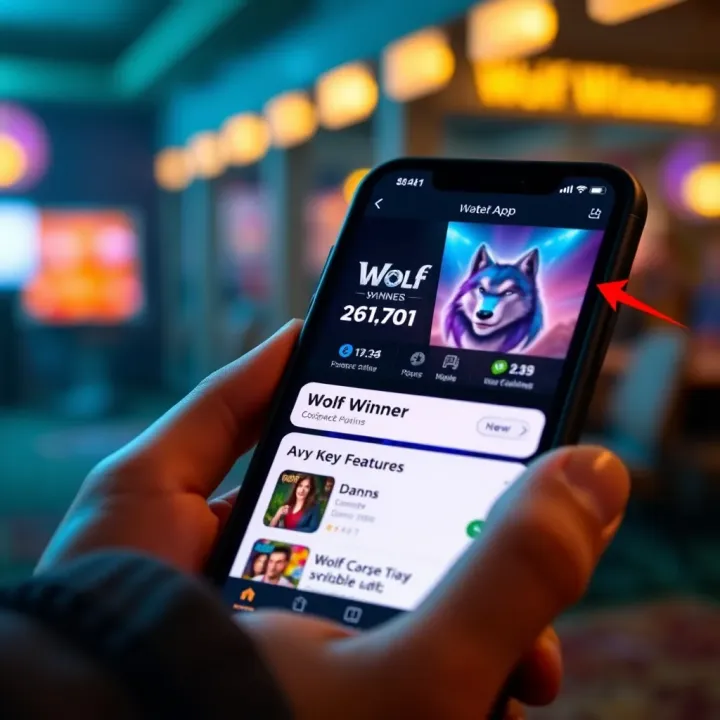 Mobile phone displaying Wolf Winner app interface with key features highlighted