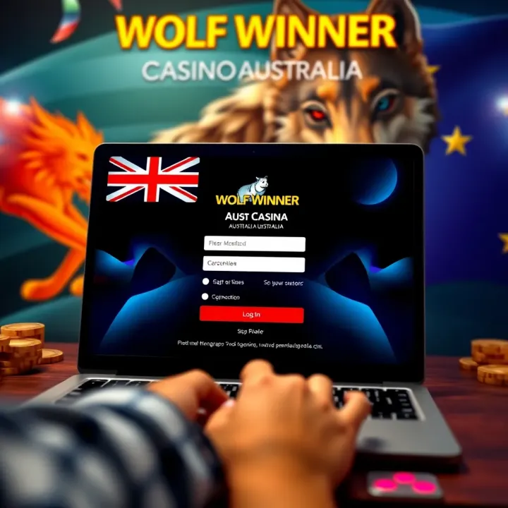 User entering credentials on Wolf Winner Casino login page with Australian themed background