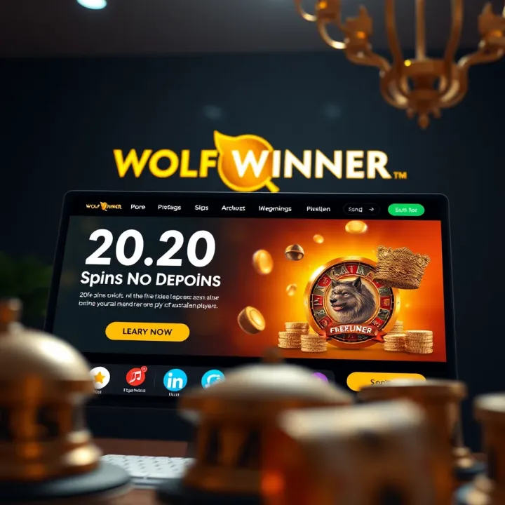 Screenshot of Wolf Winner Casino homepage highlighting the 20 free spins no deposit offer for Australian players