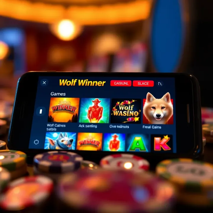Mobile device displaying Wolf Winner Casino interface with various game icons