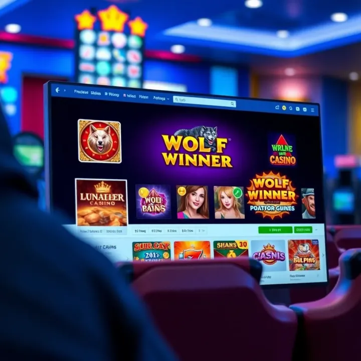 Screenshot of Wolf Winner online casino interface on Facebook displaying various slot games and user interaction features