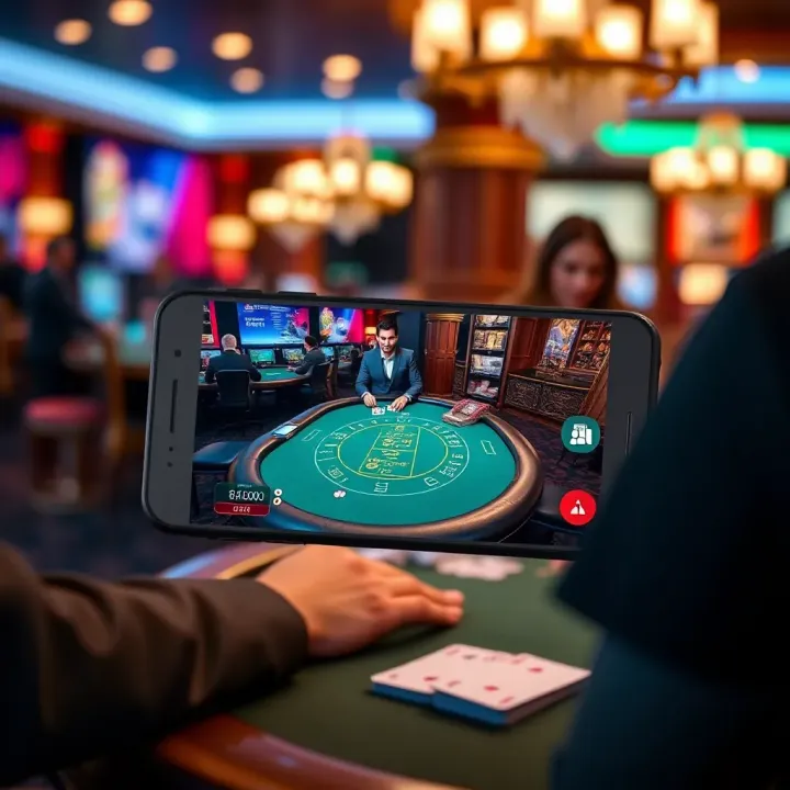 Mobile device displaying live dealer casino game with poker table view